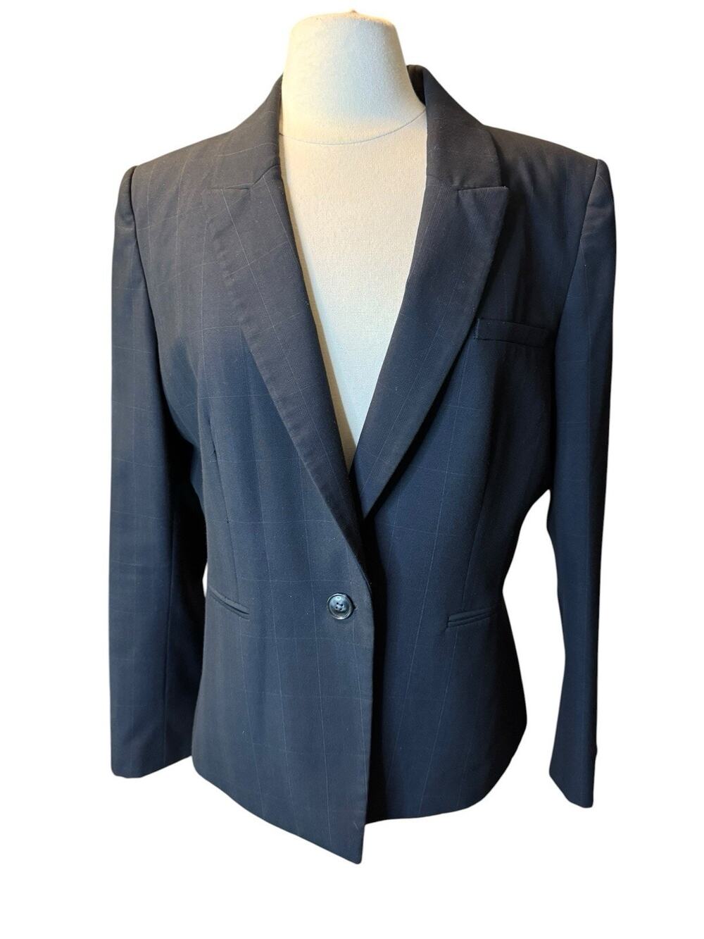 Antonio Melani Blazer 14 Plaid Navy Blue Stretch Fitted One Button Jacket